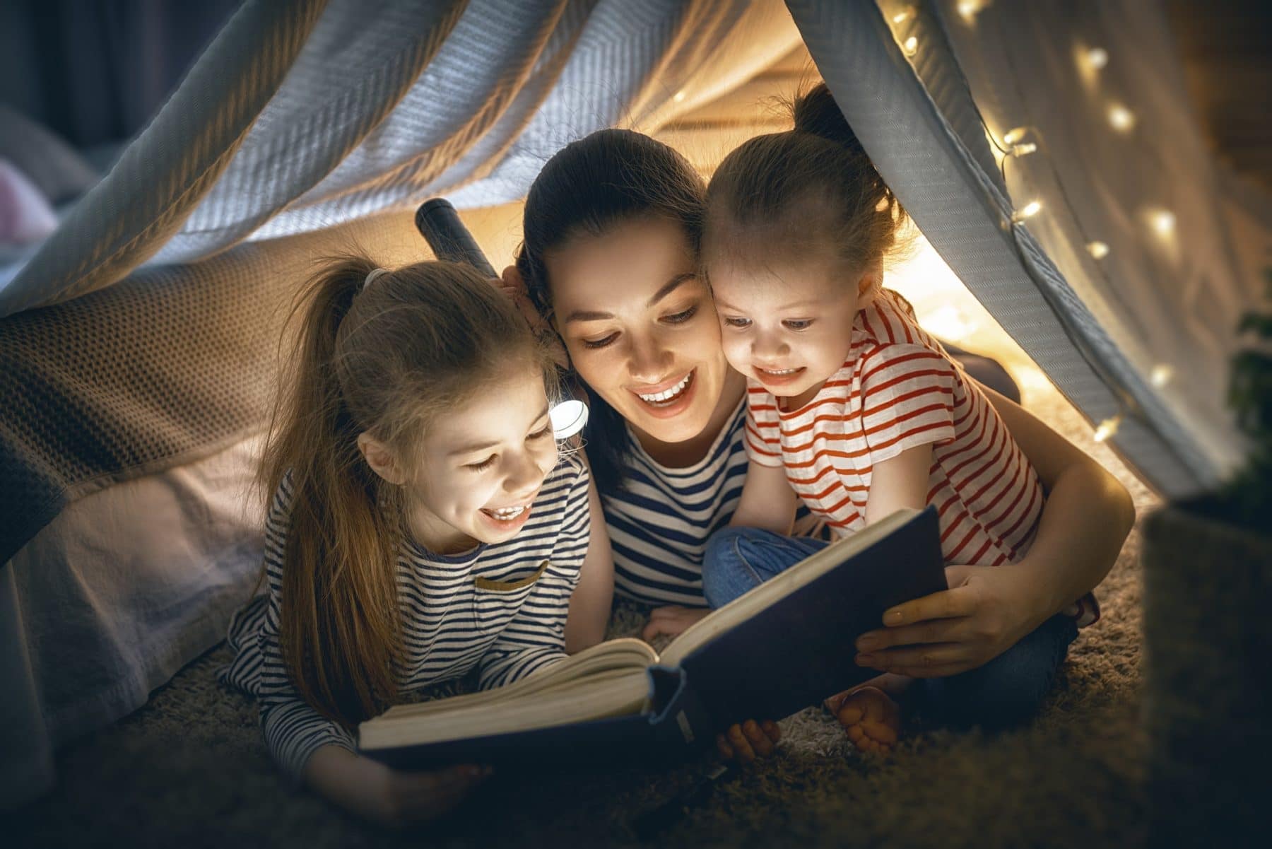Mom and children reading book